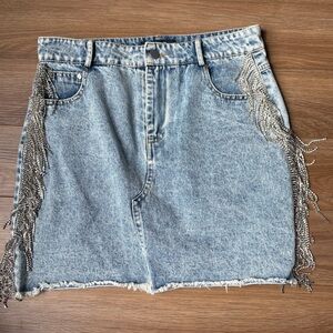 Blue B Collection Denim Skirt Fringe Beaded Glitter Rhinestones‎ L Festival EUC